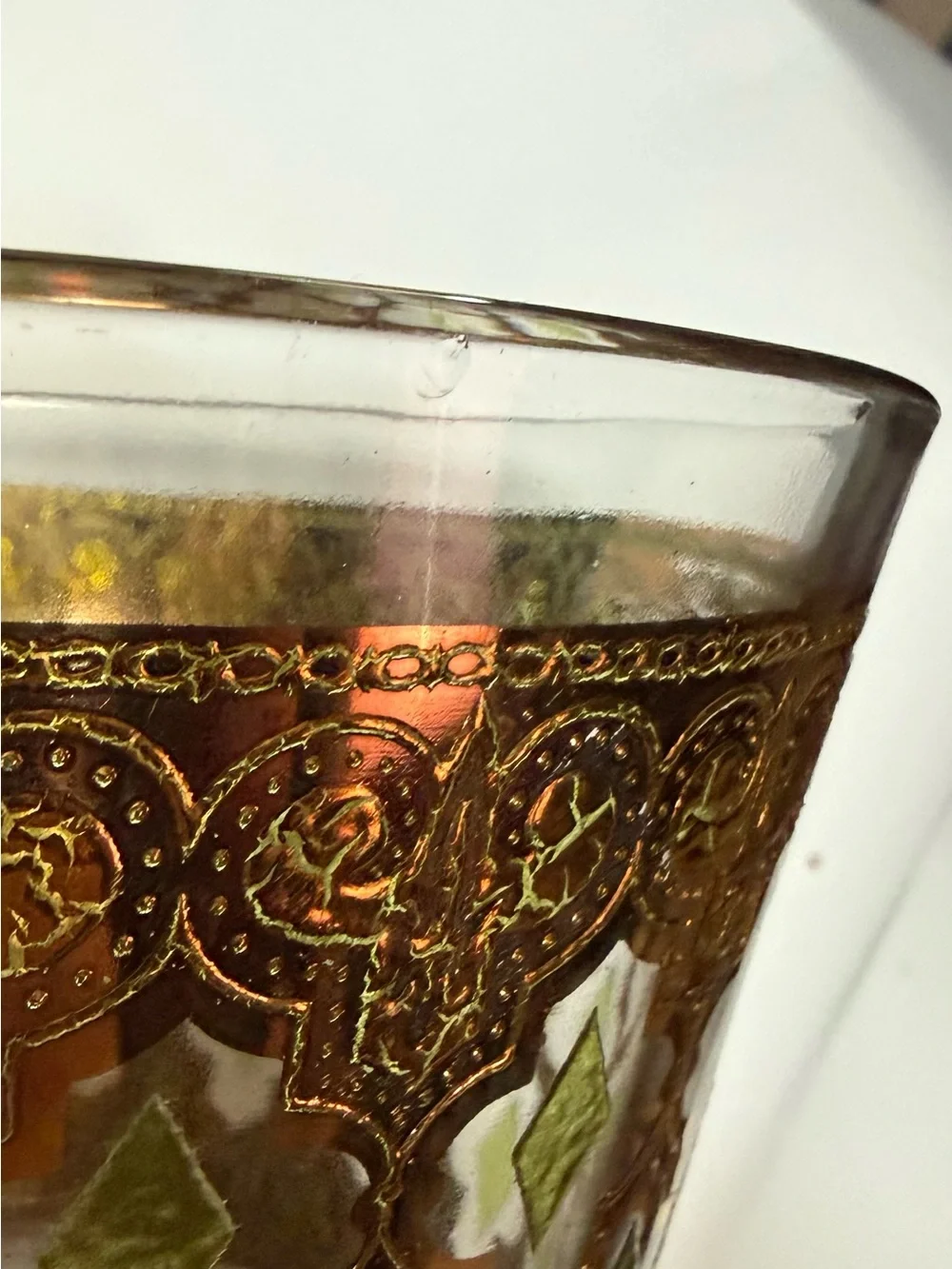 Vintage MCM Culver Valencia pattern Green and Gold Glass Ice Bucket.